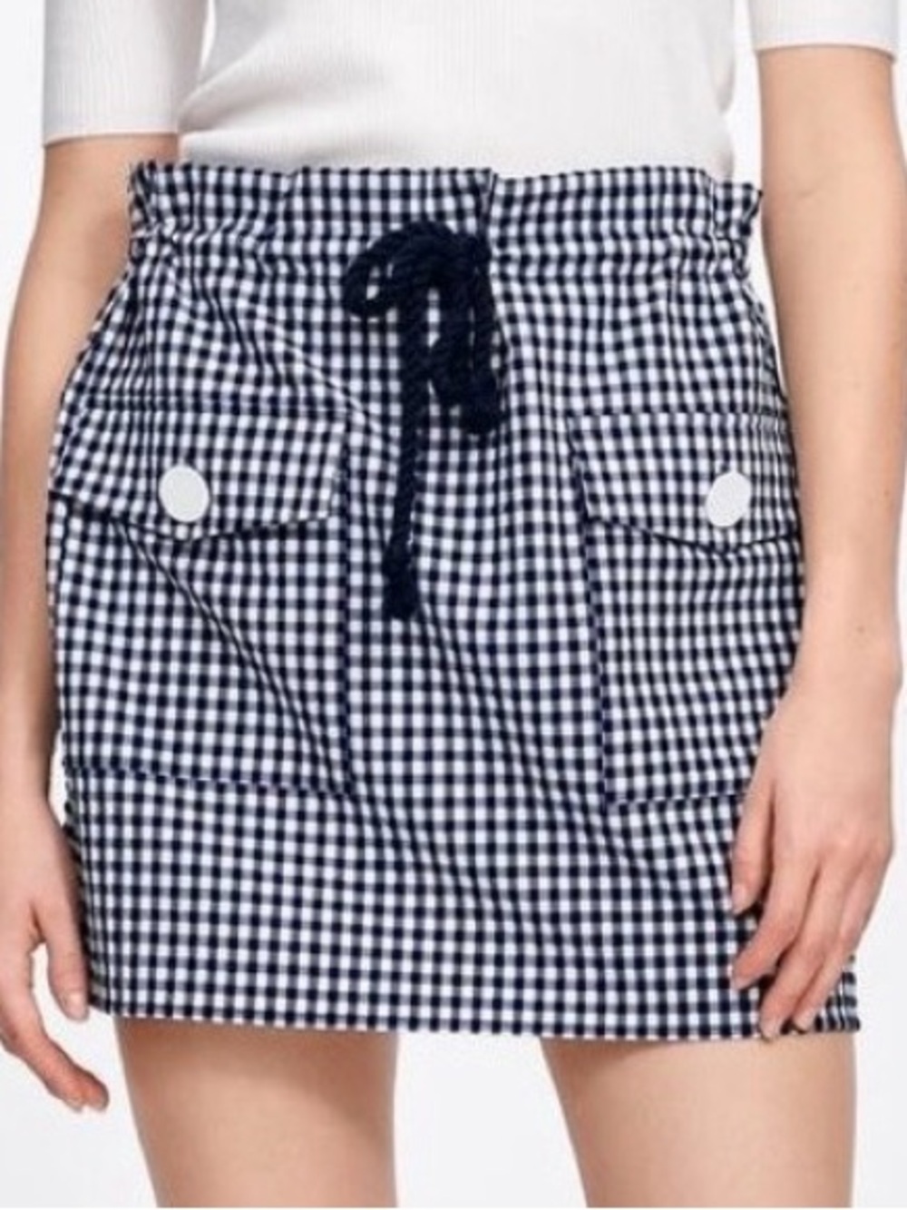 Mod Style Zara Gingham Navy and White Paperbag Waist Mini Skirt 60s